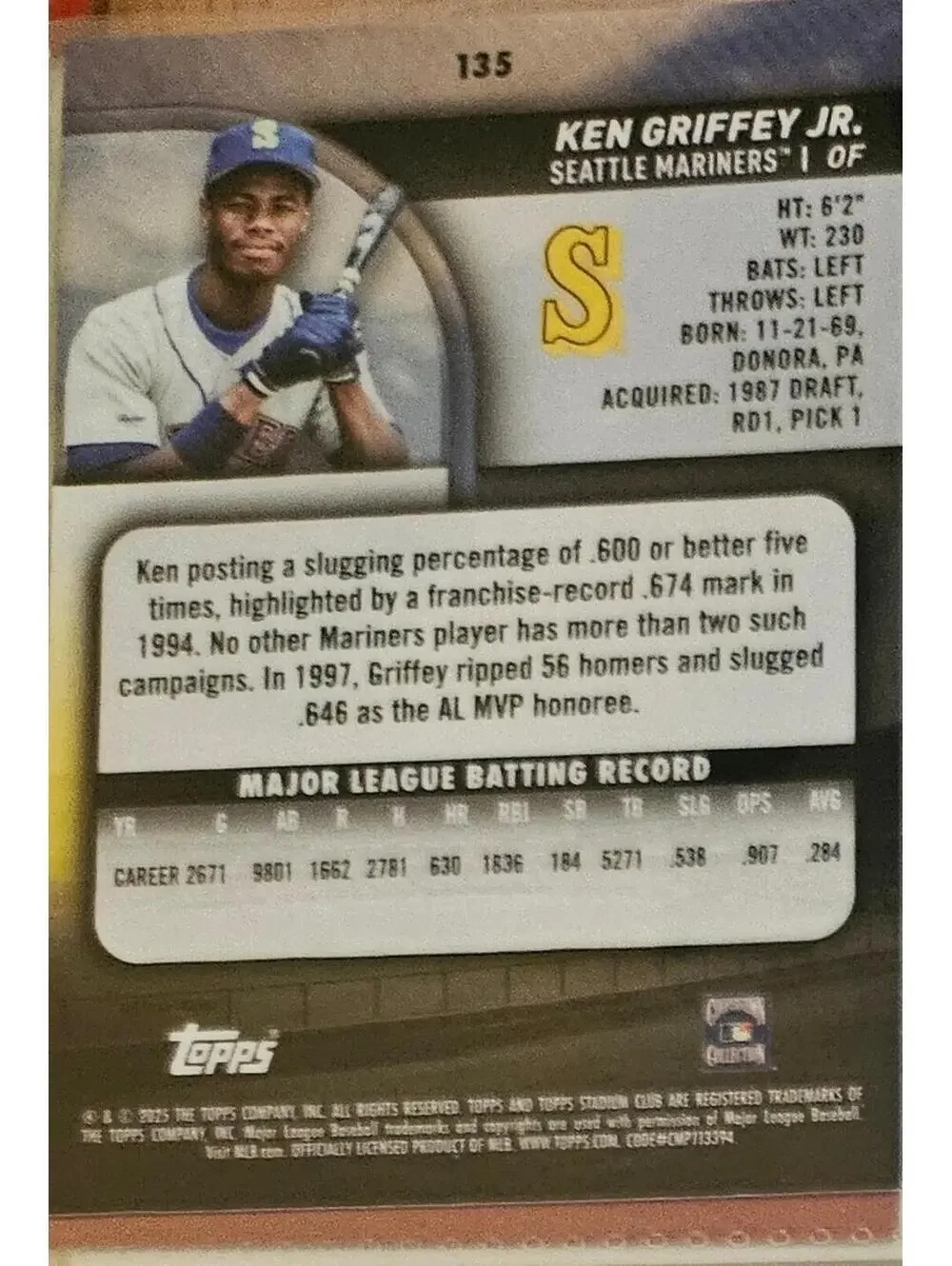 Ken Griffey Jr 2025 Topps Stadium Club #135 Seattle Mariners - Picture 2 of 2